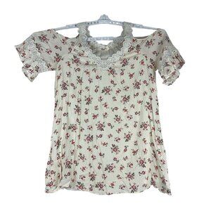En Crème Women's Floral Print Cold Shoulder Blouse Size L White